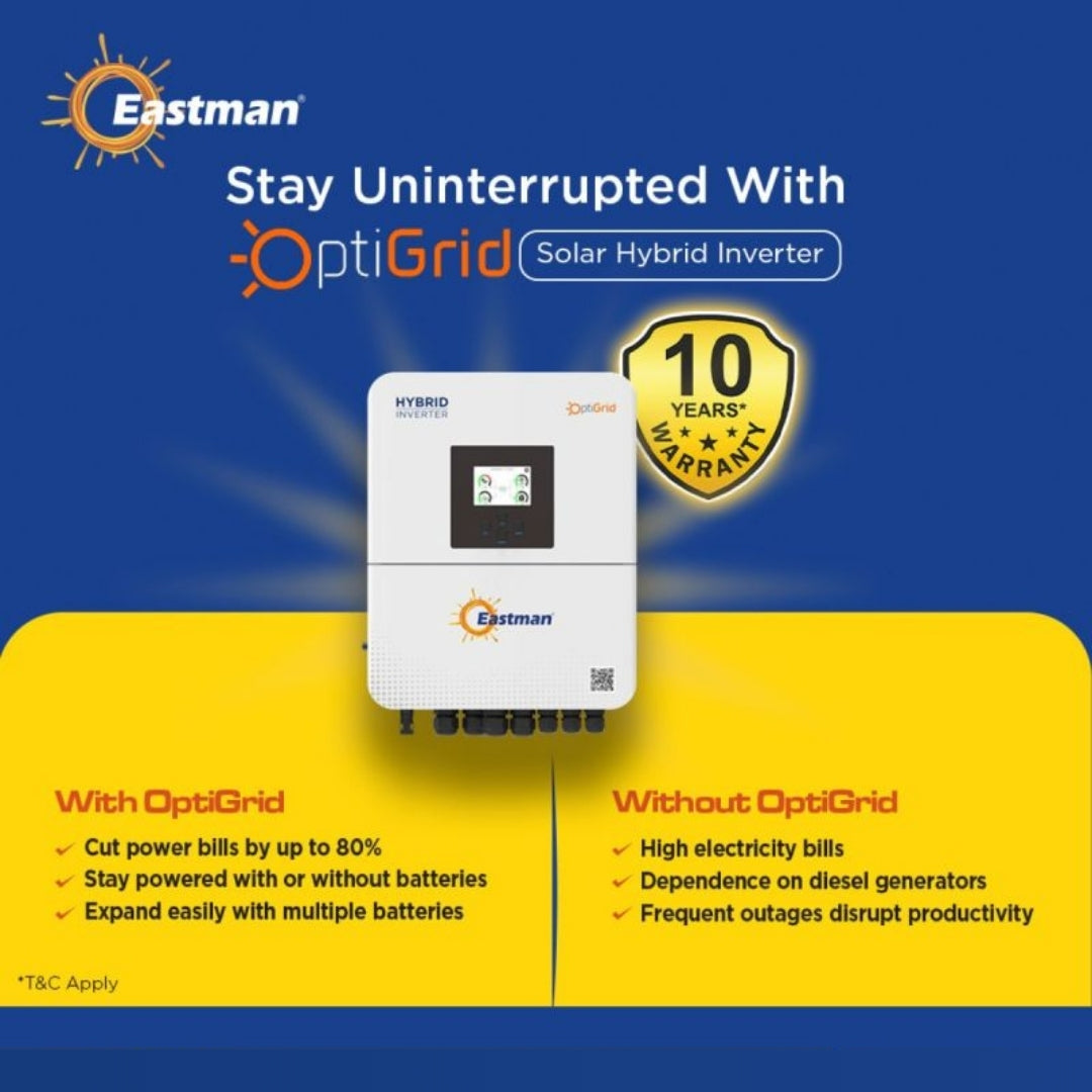 Eastman OptiGrid 5kW 48V 1-Phase Hybrid Solar Inverter – Smart MPPT, Lithium Compatible, Wi-Fi Enabled Power Solution
