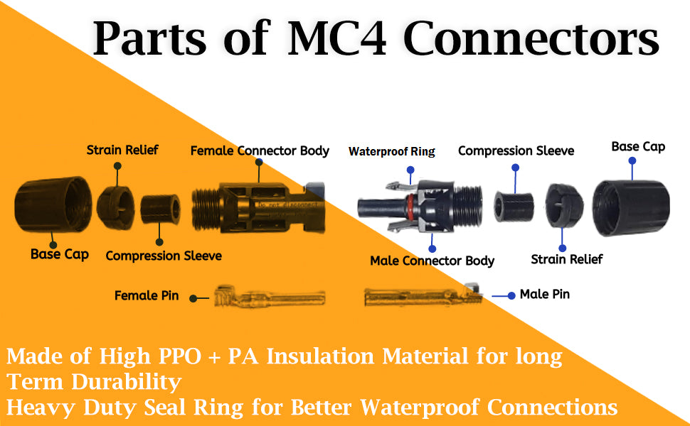 Pronounce Solar MC4 Connectors – Set of 10 Pairs (Male + Female + Pins), 1000 V / 50 A | IP67 Waterproof