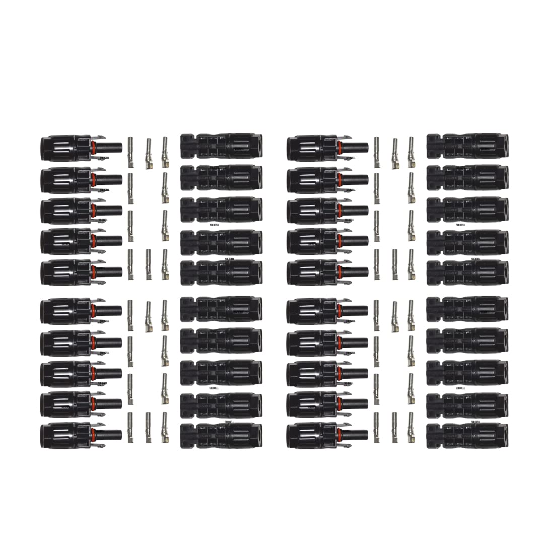 Solocell MC4 Solar Connectors – Set of 20 Pairs (Male + Female + Pins), 1000 V / 50 A, IP67 Weatherproof