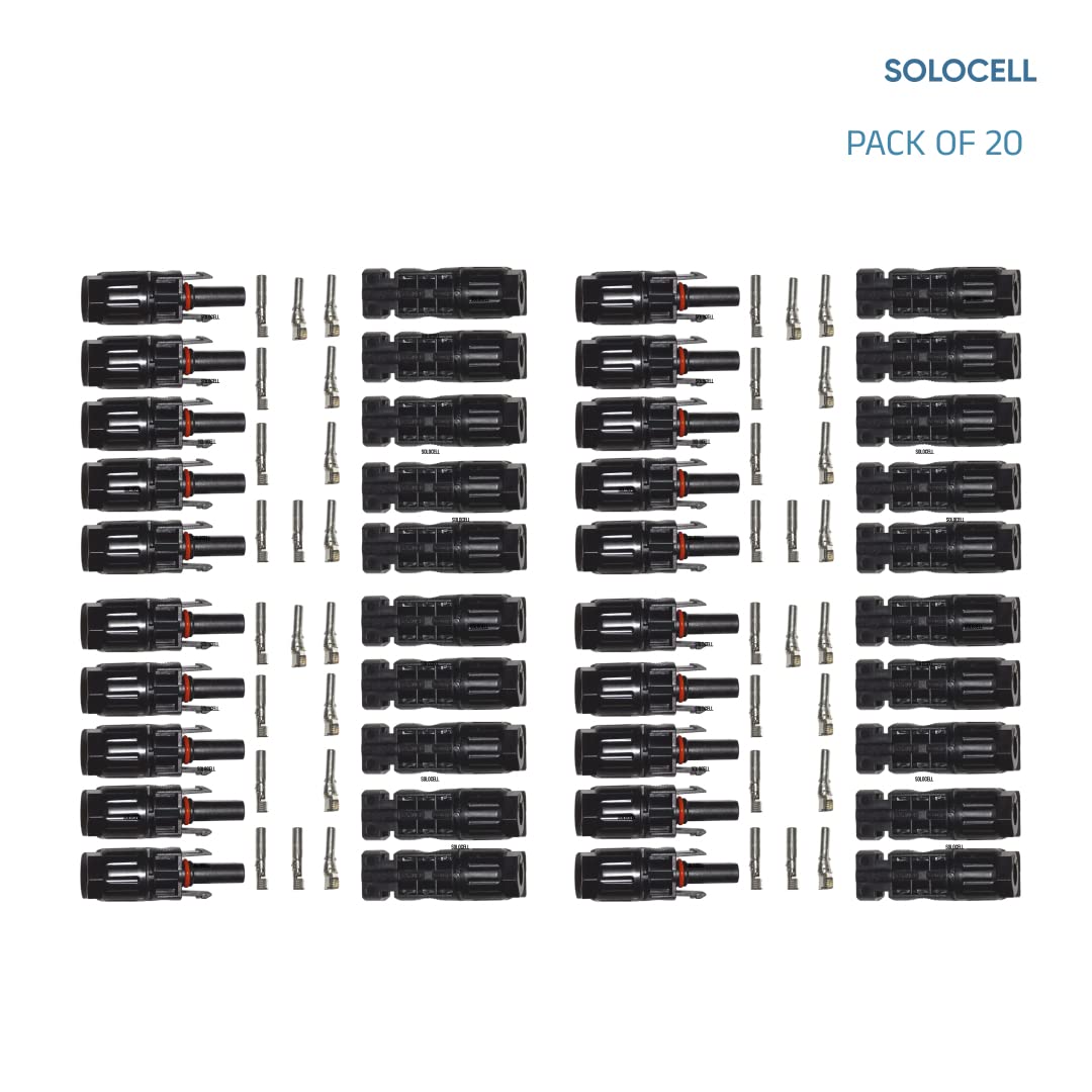 Solocell MC4 Solar Connectors – Set of 20 Pairs (Male + Female + Pins), 1000 V / 50 A, IP67 Weatherproof