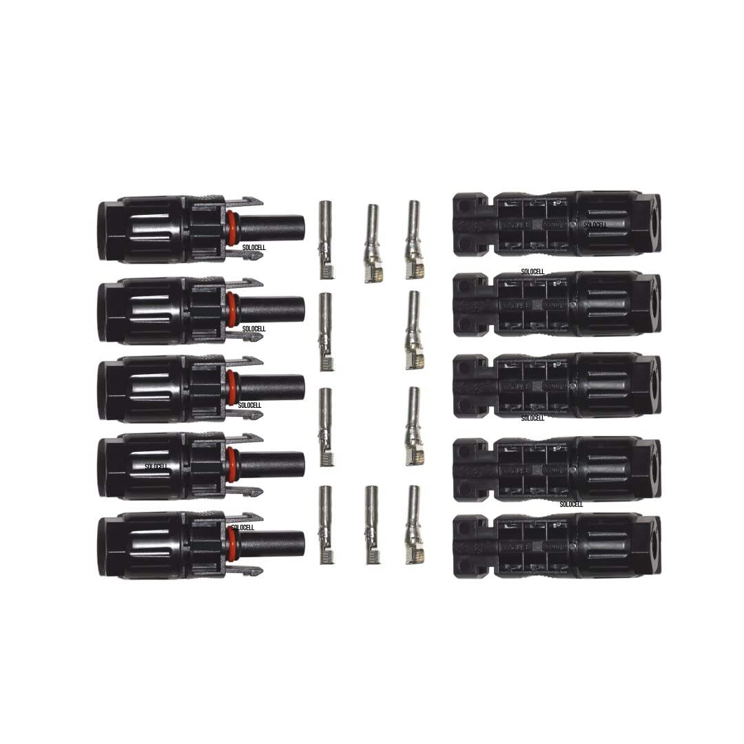 Solocell MC4 Solar Connectors – Set of 5 Pairs (Male + Female + Pins), 1000 V / 50 A, IP67 Weatherproof
