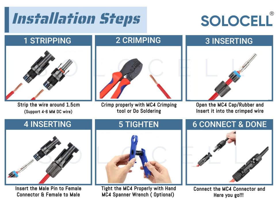 Solocell MC4 Solar Connectors – Set of 10 Pairs (Male + Female + Pins), 1000 V / 30 A, IP67 Weatherproof