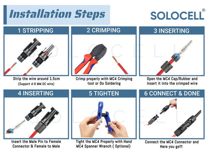 Solocell MC4 Solar Connectors – Set of 10 Pairs (Male + Female + Pins), 1000 V / 30 A, IP67 Weatherproof