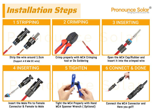 Pronounce Solar MC4 Connectors – Set of 10 Pairs (Male + Female + Pins), 1000 V / 50 A | IP67 Waterproof