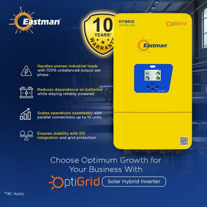 Eastman OptiGrid 10kW 48V 3-Phase Hybrid Solar Inverter – Industrial-Grade MPPT Inverter with Lithium Support & Wi-Fi Monitoring