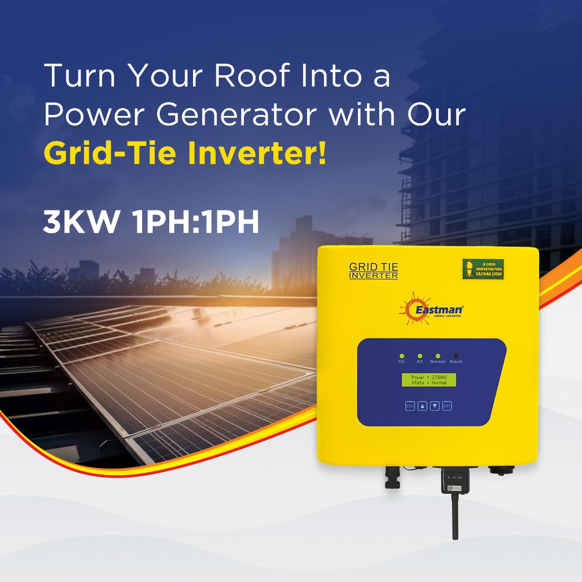 Eastman Solar Ongrid Inverter 3 KW 1 Phase, Grid Tie Solar Inverter, 10-Year Warranty  EGT-3K.1P1M