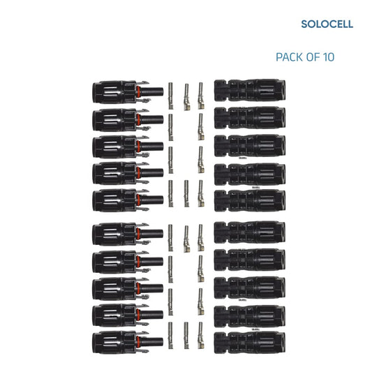 Solocell MC4 Solar Connectors – Set of 10 Pairs (Male + Female + Pins), 1000 V / 30 A, IP67 Weatherproof