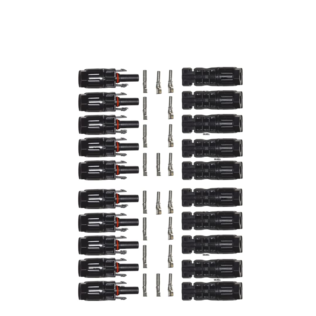 Solocell MC4 Solar Connectors – Set of 10 Pairs (Male + Female + Pins), 1000 V / 30 A, IP67 Weatherproof