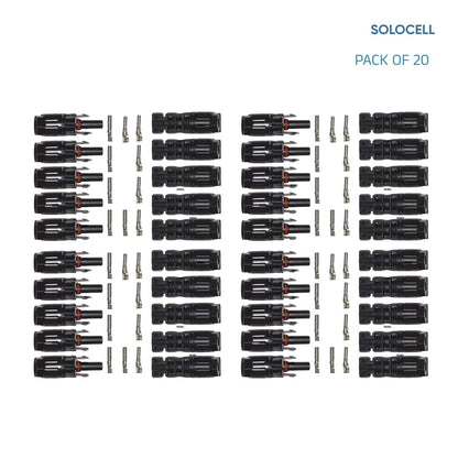 Solocell MC4 Solar Connectors – Set of 20 Pairs (Male + Female + Pins), 1000 V / 50 A, IP67 Weatherproof