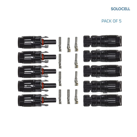 Solocell MC4 Solar Connectors – Set of 5 Pairs (Male + Female + Pins), 1000 V / 50 A, IP67 Weatherproof