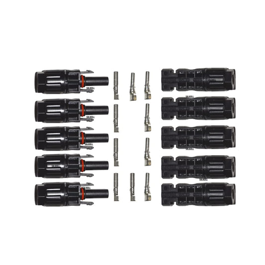 Solocell MC4 Solar Connectors – Set of 5 Pairs (Male + Female + Pins), 1000 V / 50 A, IP67 Weatherproof