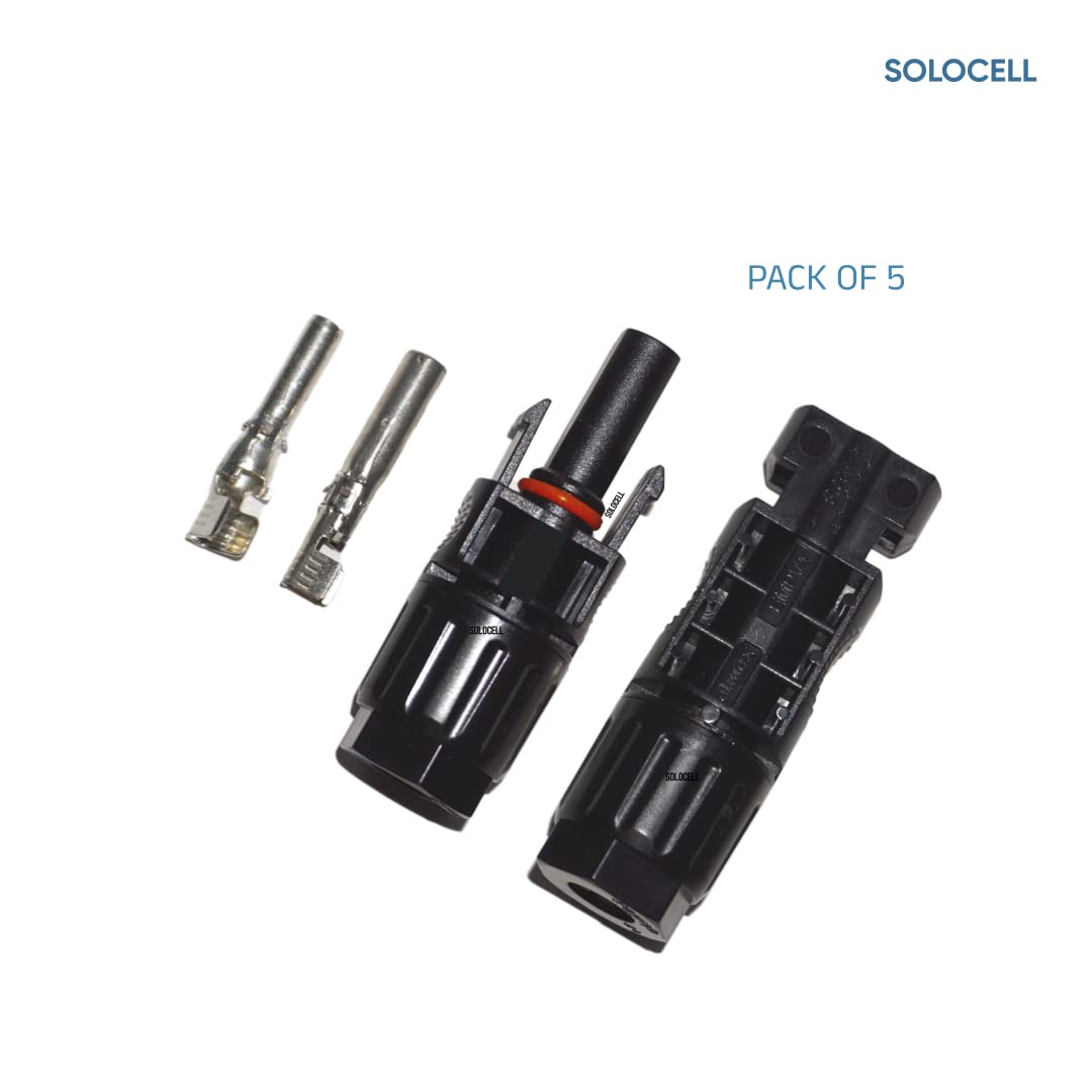 Solocell MC4 Solar Connectors – Set of 5 Pairs (Male + Female + Pins), 1000 V / 50 A, IP67 Weatherproof